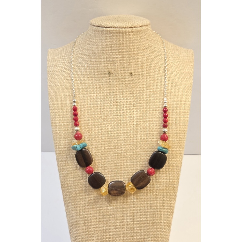 Bohemian Gemstone Sterling Silver Necklace Driftwood Coral Turquoise 17"